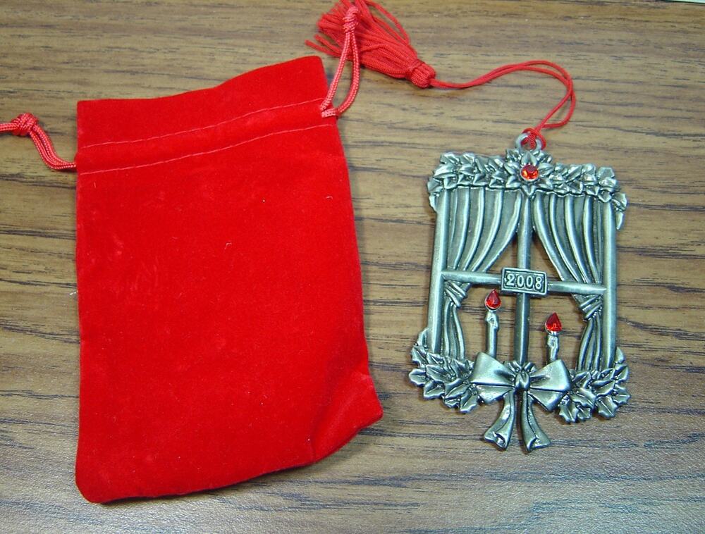 AVON PEWTER ORNAMENT-WINDOW WITH CANDLES--2008-WITH RED VELVET BAG